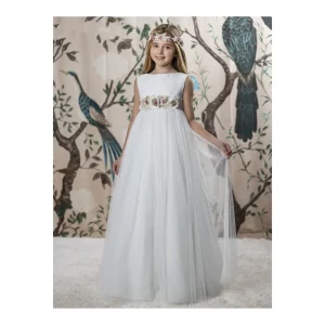 Outlet Vestido comunion sin manga fajin flores Bautizo, Ceremonia Y Comunión